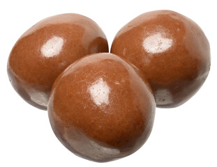 Three glossy round chocolate candies arranged in triangle shape isolated on background