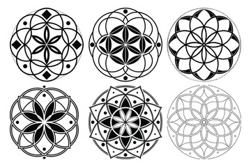 Geometric Mandala Vector Set &ndash; Minimalist Sacred Line Art Designs in Black and White