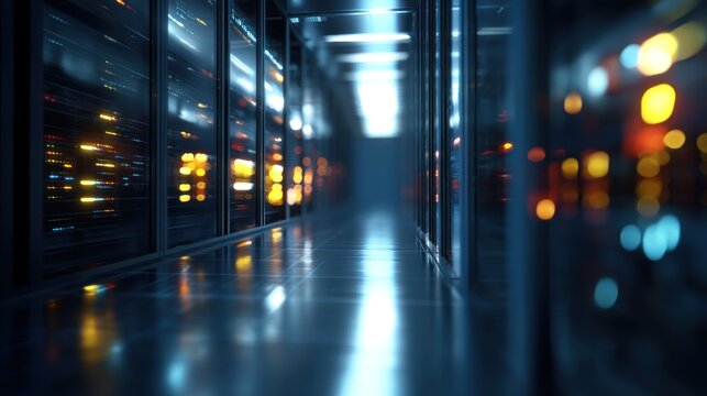 Illuminated server racks in modern data center corridor - Powered by Adobe