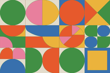 Retro geometric background showcases colorful shapes, circles, squares, and triangles in a seamless, minimalist vintage style.