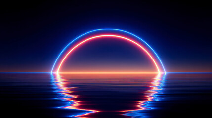 A glowing red and blue circle is reflected in the water