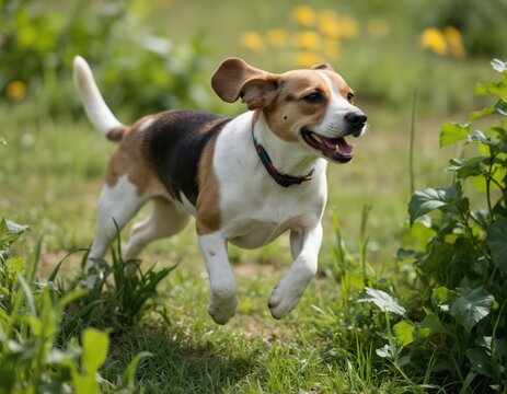 Black and white beagle in mid-leap against green foliage and yellow flowers. Dog nose and eyes visible as it looks into camera with joyful expression.