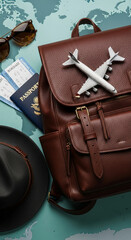 Brown leather backpack with airplane model, passport, boarding pass, sunglasses and hat on world map background, symbolizing travel and adventure