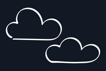 Doodle Chalk Clouds on black background. Children contour cumulus cloud. Hand drawn Puff. Nimbus, overcast. Linear comic element sky, cloudy weather. Chalkboard. Isolated drawing. Vector illustration