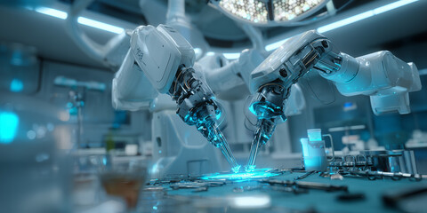Surgical robotic arms operating in high-tech medical environment with sterile lighting and precision tools