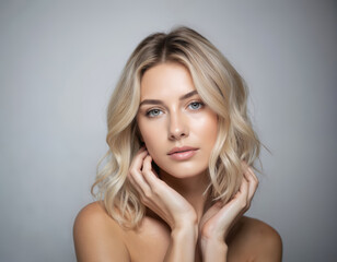 Young woman with blonde wavy hair, casual attire, central frame position, left hand touches face. Solid grey background, grainy texture, vintage charm.