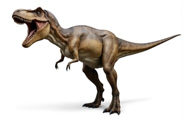 Large T-Rex dinosaur statue in dynamic pose with open mouth. Brown and white coloration, large body, long tail, prominent head, intricate details, white surface, blurred background.