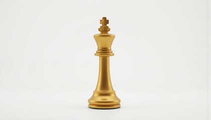 Golden chess piece with crown on gray surface against white background. Slightly tilted to right, drawing focus on solitary gold chessman. Monochrome surroundings accentuate luxurious golden color.