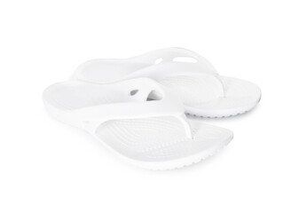 Stylish flip-flops isolated on white. Beach accessory