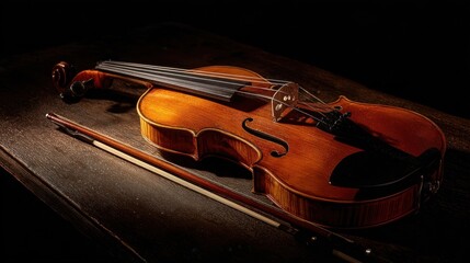 Fototapeta premium The elegant wooden violin illuminated in soft light on a dark background.