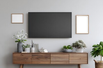 A modern living room interior featuring a sleek television, wooden cabinet, plants, and decorative elements against a gray wall.