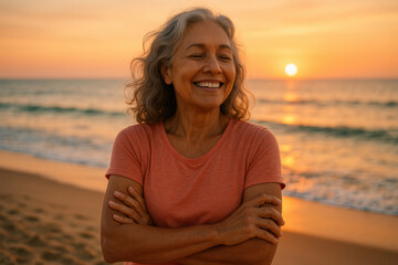 Happy senior woman smiling with crossed arms at sunset on beach
