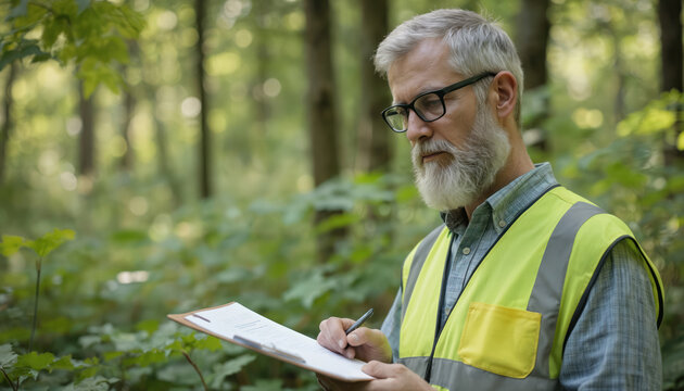 Man in yellow vest and gray shirt conducts research in forest. Holding clipboard, scientist documents data amidst green plants. Rich trees, bushes create serene backdrop to human activity.