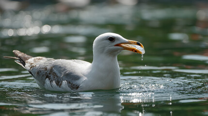 Fototapeta premium A seagull is in the water, holding a frisbee in its beak