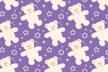 Cute teddy bears and stars create a playful seamless pattern on a lavender background, great for children's designs.