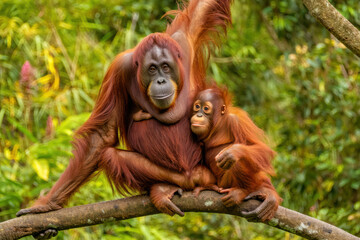 Mother orangutan holding her baby while sitting on a branch in the rainforest