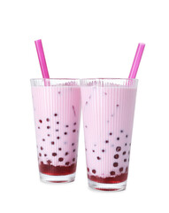 Tasty milk bubble tea in glasses isolated on white