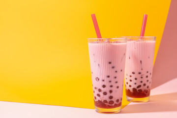 Tasty milk bubble tea in glasses on color background, space for text