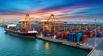 A container ship at port being unloaded with the help of cranes during twilight hours, calm waters