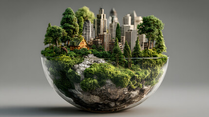 Miniature cityscape and forest inside glass bowl diorama
