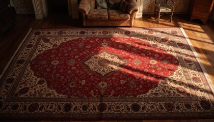 Luxurious living room with plush couch, wooden coffee table, rug with geometric pattern. Muted colors, wooden chair with plush cushion. Natural light from large window creates warm inviting
