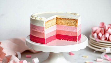 Artfully crafted pink ombre layer cake on a white cake stand for a celebratory and delicious dessert presentation in bright lighting.