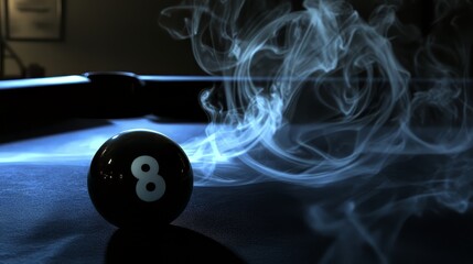 A black 8 ball is on a pool table with smoke coming from it. The image has a mood of mystery and intrigue