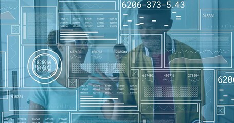 Two coworkers walking tapping tablet checking phone, activating HUD overlay for data analysis - Powered by Adobe