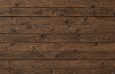 Naklejka premium Close-up of dark brown wooden surface with rich grain pattern and visible knots. Boards or slats arranged vertically. Light gray background makes dark brown wood stand out.