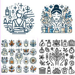 Naklejka premium Spa and skincare illustrations with natural elements and cosmetics 