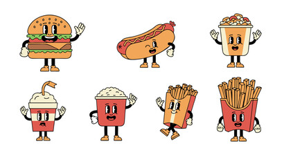 Whimsical fast food mascots with fun expressions. Retro-inspired design of smiling snacks like fries, burgers, and drinks, ideal for branding or children's designs.