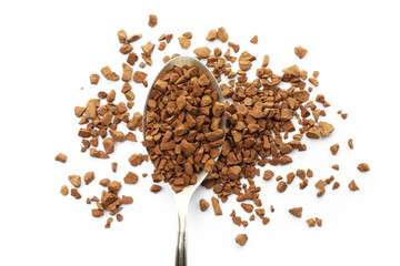 Spoon with instant coffee isolated on white, top view