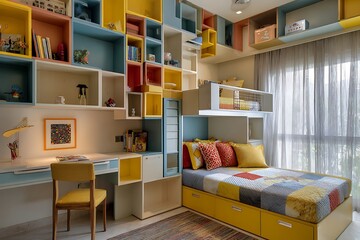 A modern and colorful bedroom interior featuring a bed with patchwork quilt, a desk, and a large bookshelf with storage.