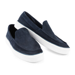 Pair of stylish dark blue shoes on white background