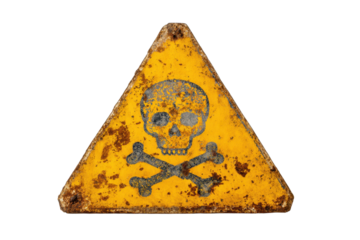 Yellow triangular sign. Grungy style danger sign with skull and cross bones. Rusty. Warning. Caution. Hazard. Danger. Worn out on white background