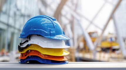 The stack of colorful hard hats arranged for construction site safety.