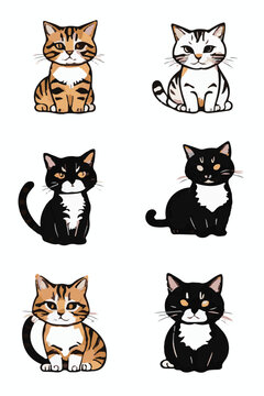Set of Funny Cats in Line Drawing Styl