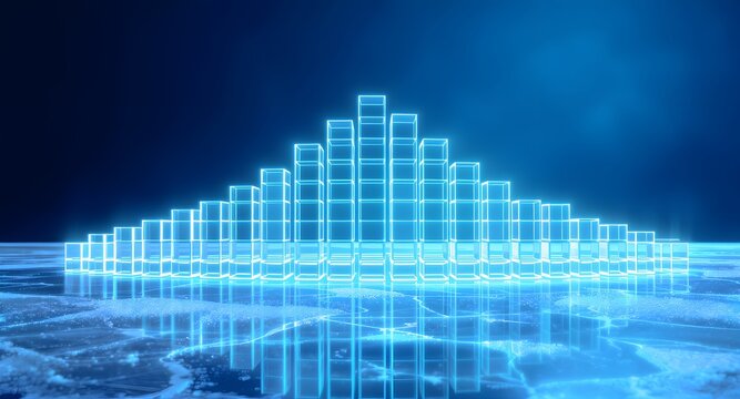 Abstract digital landscape of glowing blue data bars simulating a mountain range reflecting on a dark surface. Futuristic visualization of information flow and technology. - Powered by Adobe