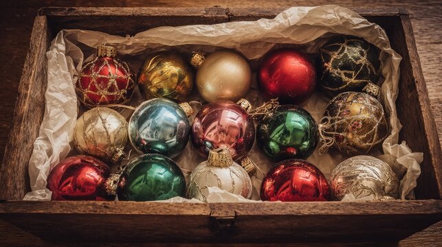 Vintage Christmas ornaments in wooden box (1)