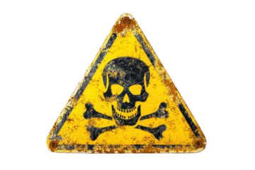Yellow triangular sign. Grungy style danger sign with skull and cross bones. Rusty. Warning. Caution. Hazard. Danger. Worn out on white background
