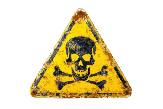 Yellow triangular sign. Grungy style danger sign with skull and cross bones. Rusty. Warning. Caution. Hazard. Danger. Worn out on white background