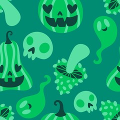 Autumn harvest vegetable seamless monster Halloween pumpkins pattern for wrapping paper and fabrics