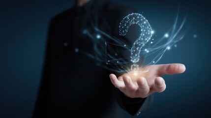The Hand Holding a Glowing Question Mark in a Digital Landscape