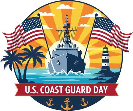 US coast guard day celebration with a ship lighthouse palm trees and american flags under a logo illustration design