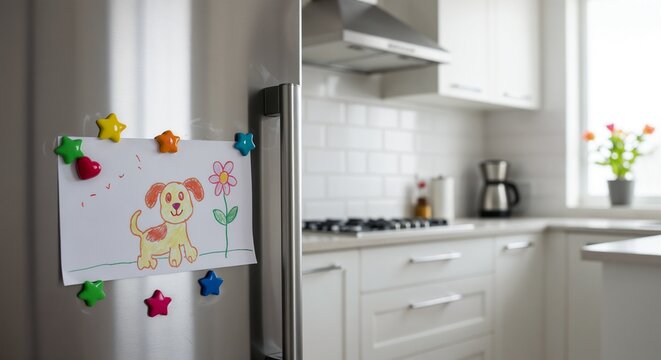 Child’s drawing stuck to the refrigerator door with magnets, homey atmosphere, bright interior, family setting, modern kitchen in a new home