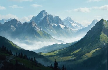 Mountain range with snow-capped peaks against clear blue sky with white clouds. Rich green valley with trees below. Realistic rendering with high detail makes mountains, valley, landscape appear