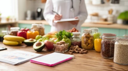 The nutritionist evaluating healthy food options on a wooden kitchen table.