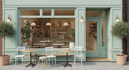 Exterior view of a pastel-green cafe showcasing tables and chairs outside, with a large window displaying the interior's bakery and coffee shop setup.  Represents a cozy, inviting atmosphere