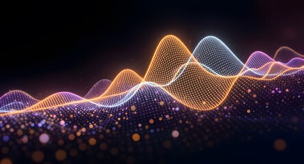 Abstract digital data visualization with glowing waves of light dots on a dark background representing information flow and technological concepts