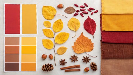 Autumn color palette with leaves fabrics and spices